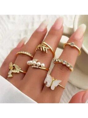Gold 7pc Butterfly Rhinestone Ring Set